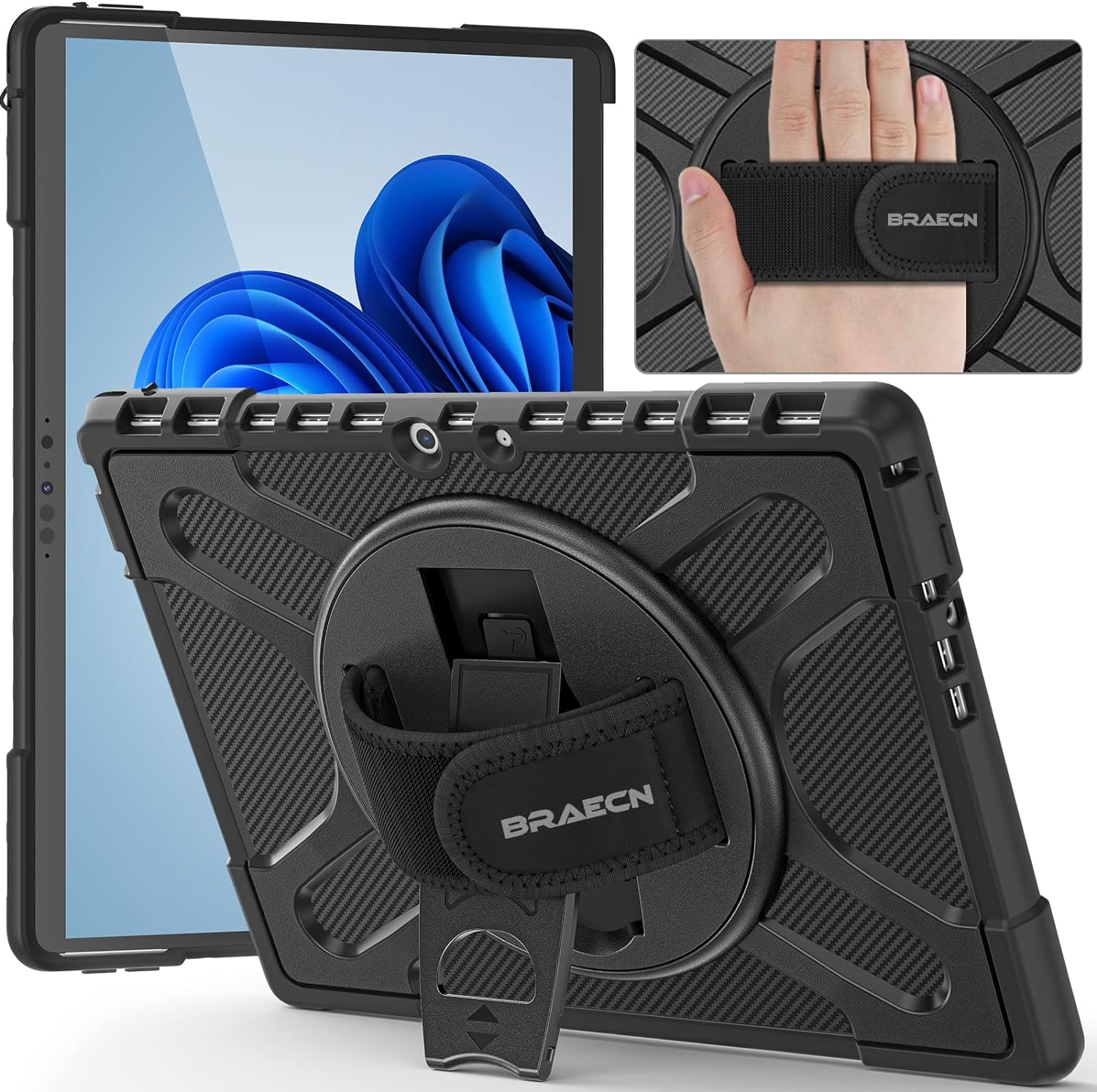 BRAECN Surface Pro 8 Case 13 inch 2021 Protective Case,Heavy Duty Protective Cover with 360 Degree Rotating Stand/Hand Strap& Compatible with Type Cover Keyboard-Transparent