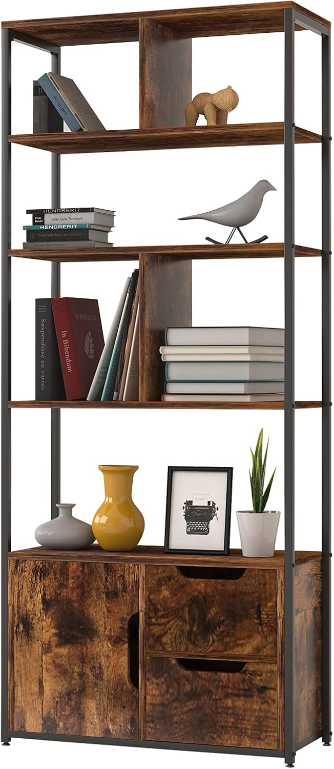 SUAYLLA Industrial Bookshelf Bookcase with Open Back, 5 Tier Free Standing Storage Organizer Display Book Shelf for Living Room, Bedroom, Kitchen with 2 Drawers and Cabinet, Rustic Brown
