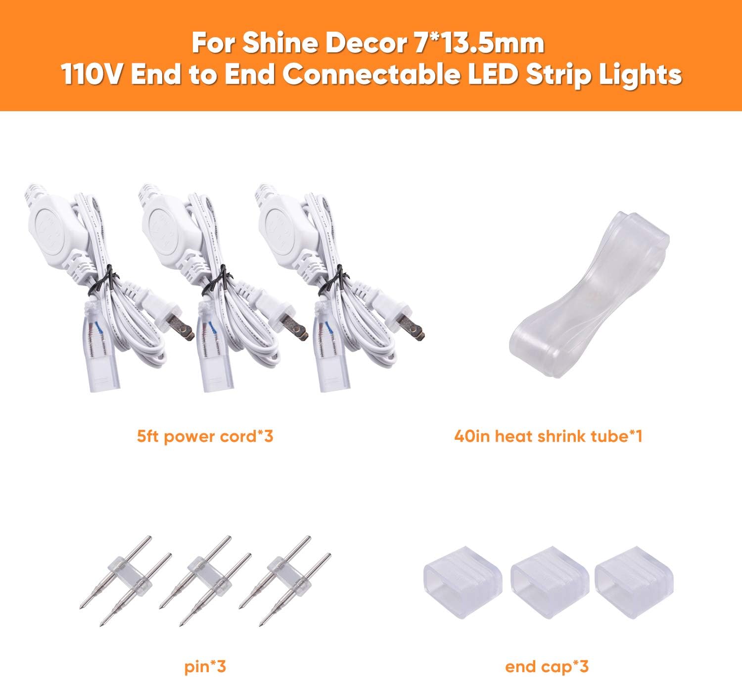 Shine Decor 5FT LED Power Cord, for 7x13.5mm 110V End to End Connectable LED Strip Lights Only, Pack of 3