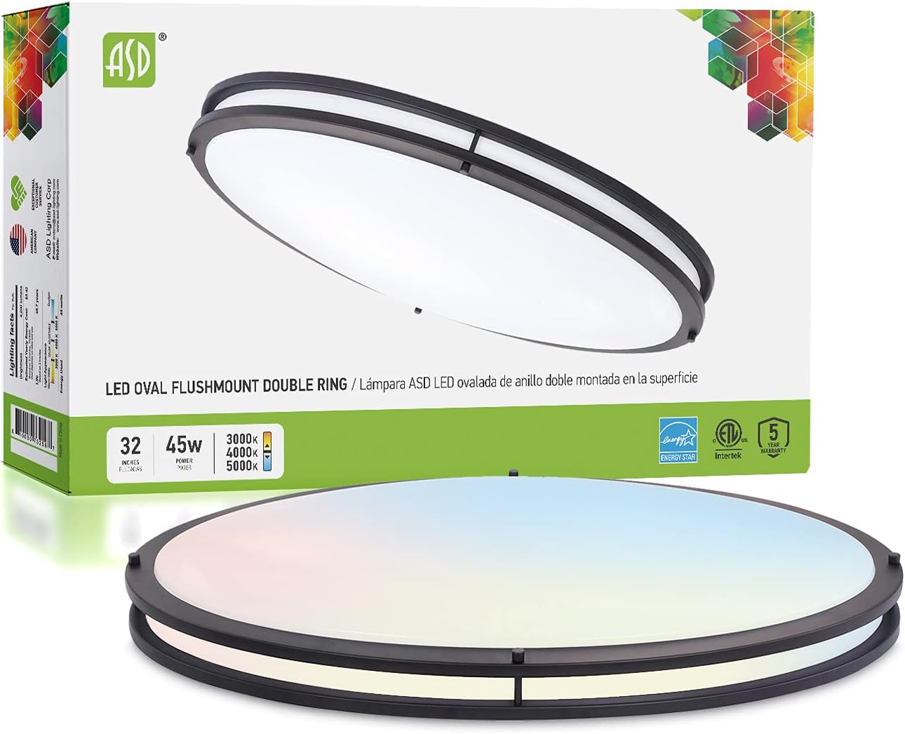 ASD 32 Inch Oval LED Flush Mount Ceiling Light, 3CCT 3000K/ 4000K/ 5000K Adjustable, 120-277V, Brushed Nickel Dimmable Ceiling Light, 45W (120W Replace), 4200 Lm, Energy Star, ETL Listed