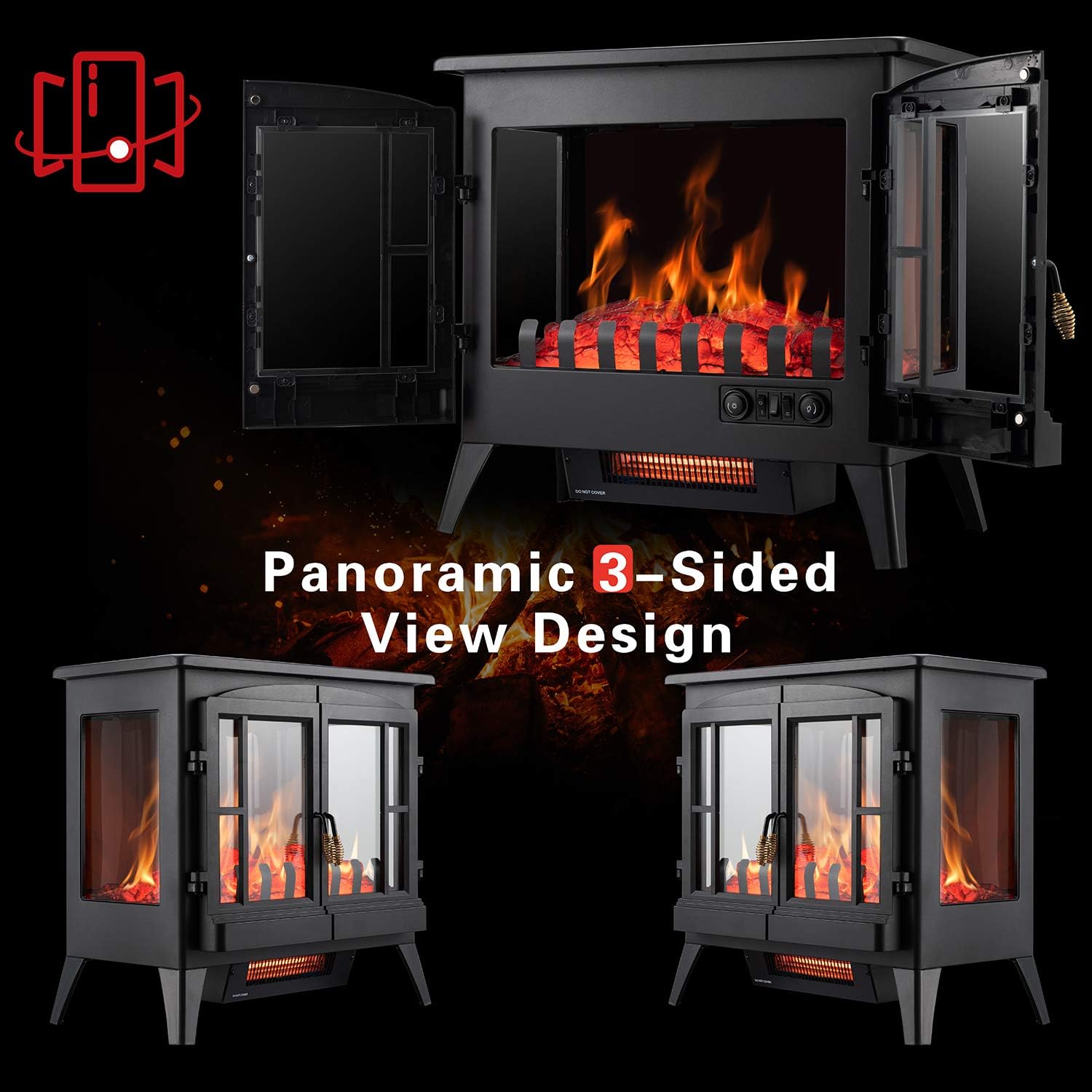 Xbeauty Electric Fireplace Stove, Freestanding Fireplace Heater with Realistic Flame, Indoor Electric Stove Heater, Portable, Infrared, Thermostat, Overheating Safety System, 1000W/1500W(23 Inch)