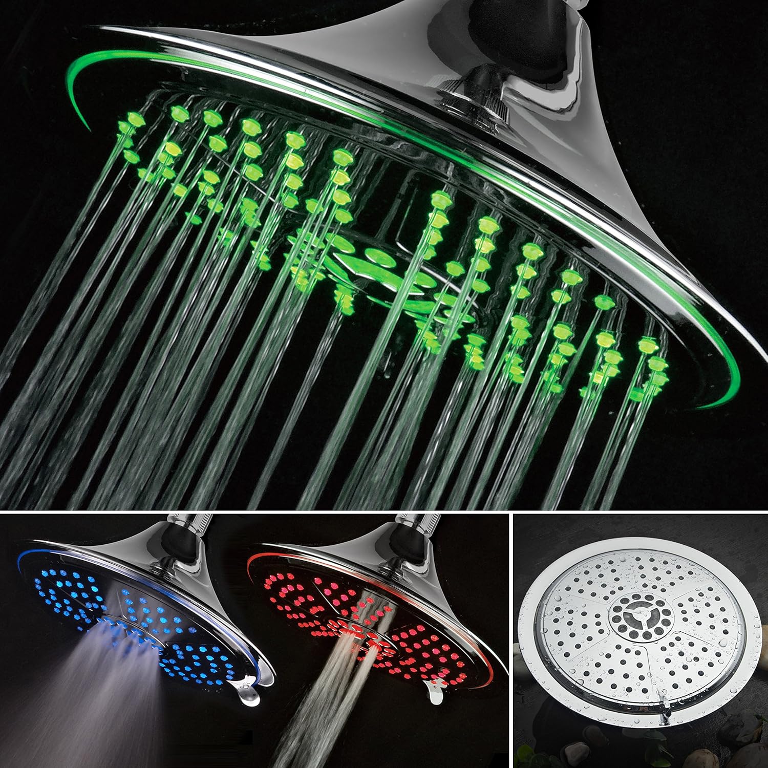 Hotel Spa Ultra-Luxury Extra-large 8 Inch Chrome Face 5-Setting Rainfall LED Shower-Head by Top Brand Manufacturer. Color of LED lights changes automatically according to water temperature Pack of 2