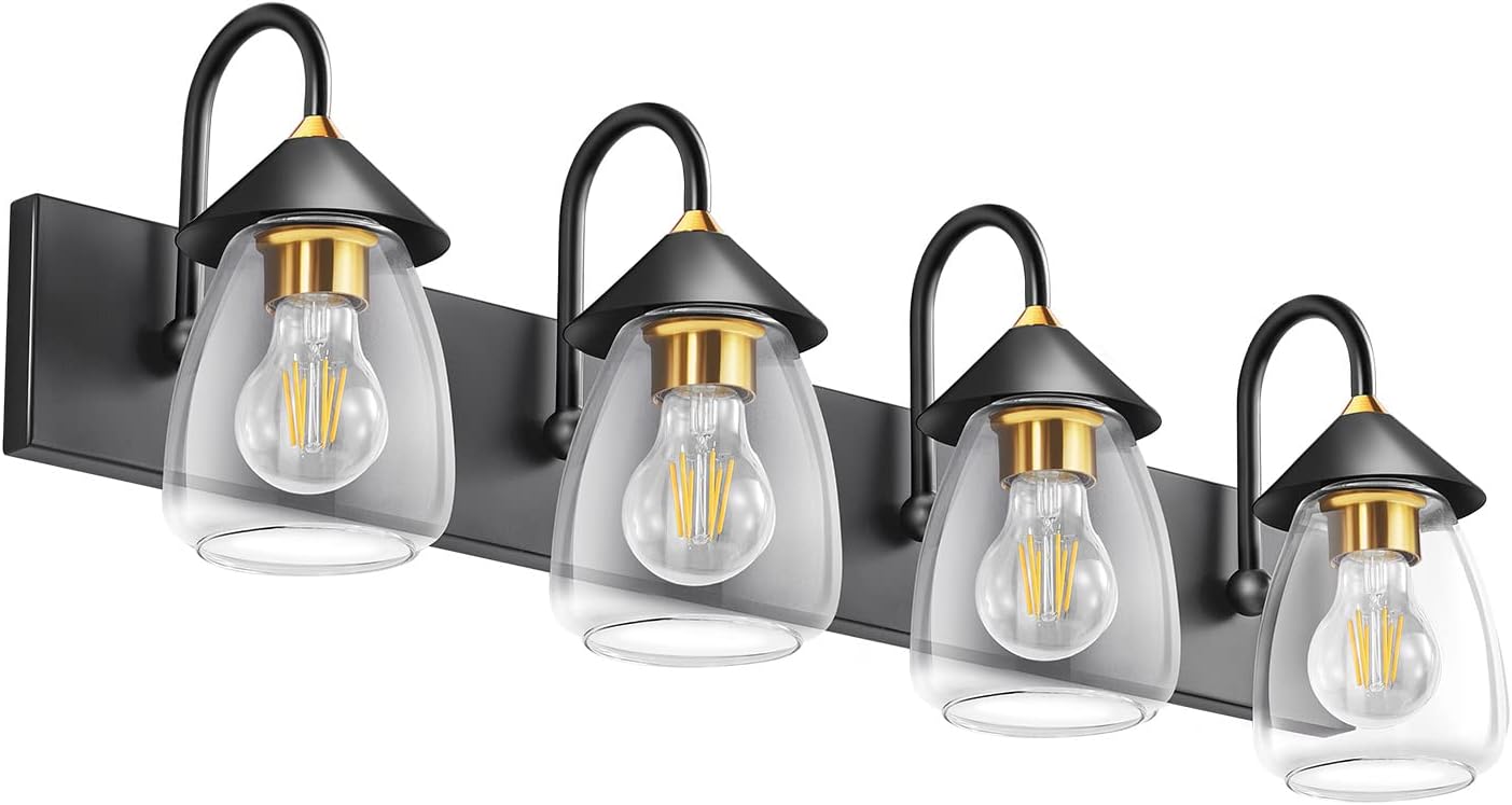 MFXMF Bathroom Vanity Light 3-Lights, Bronze and Black Vanity Light for Mirror, E26 Socket Clear Glass Shade Bathroom Lights Fixture for Mirror, Bathroom, Vanity Table, Bedroom (Excluded Bulb)
