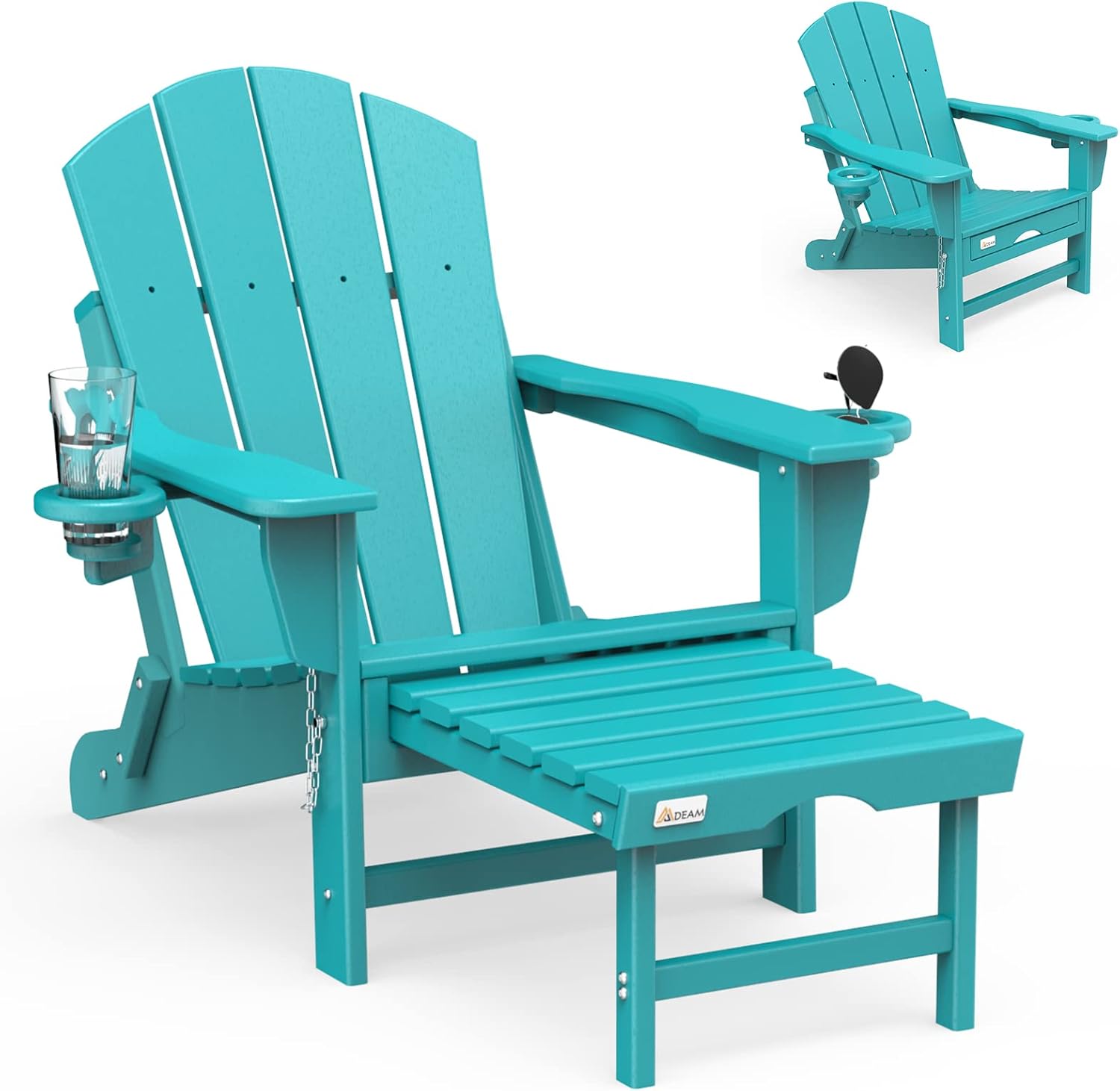 Folding Adirondack Chair Mdeam Fire Pit Chairs Adirondack Chairs Weather Resistant with 2 Cup Holder/Adirondack Retractable Ottoman for Garden Backyard Lawn Outdoor（White）