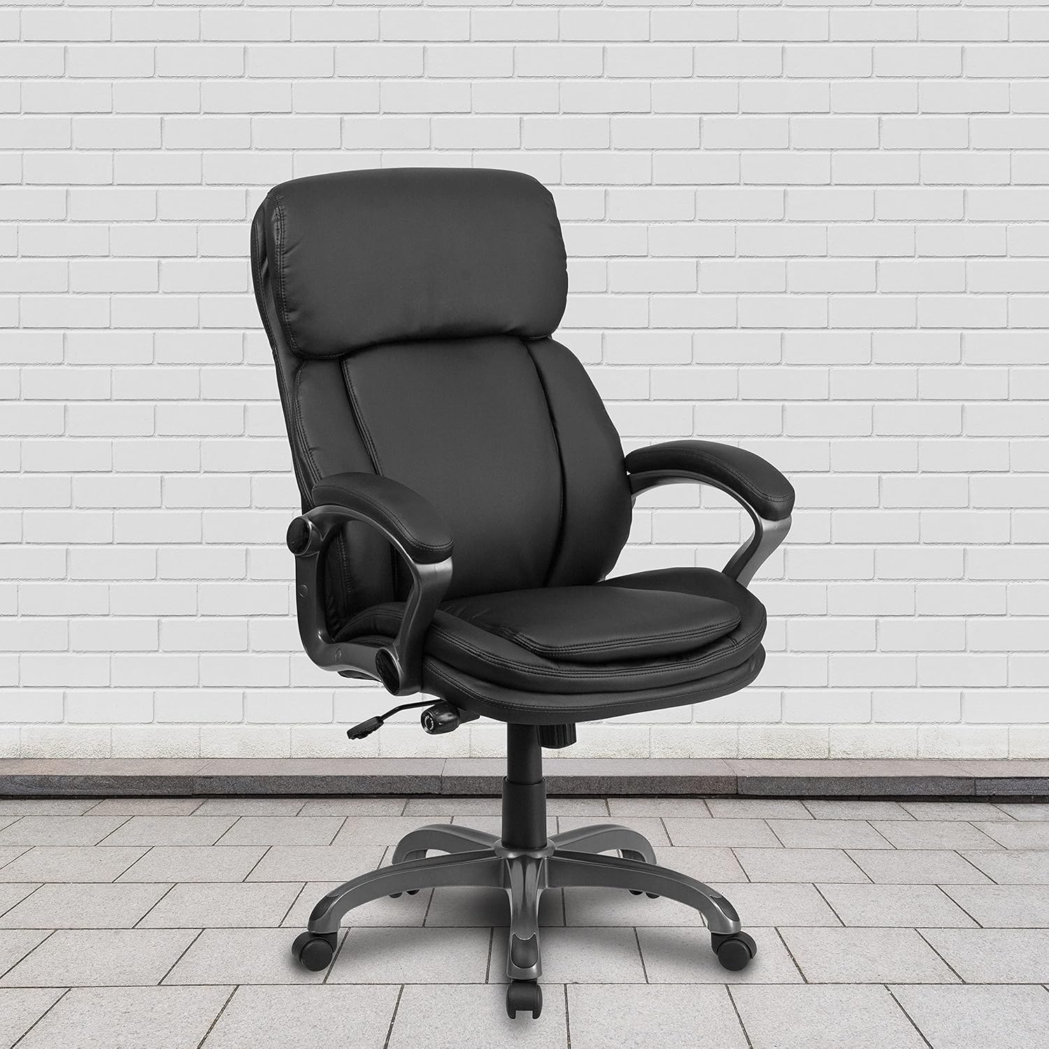 Flash Furniture High Back Black LeatherSoft Executive Swivel Ergonomic Office Chair with Lumbar Support Knob with Arms