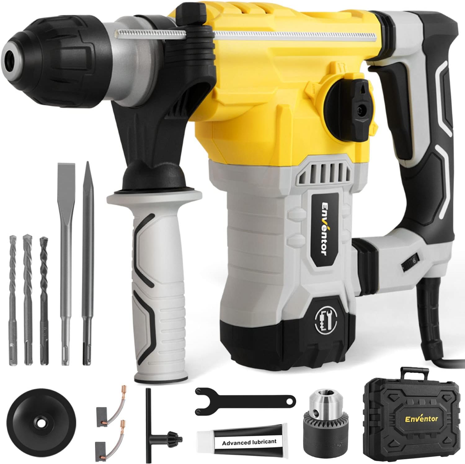 Rotary Hammer Drill, ENVENTOR 12A Demolition Hammer,1-1/4 Inch SDS-Plus Hammer Drills for Concrete and Stone, Rotary Hammer with 4 Functions, Vibration Control and Safety Clutch, 14 Pcs Accessories