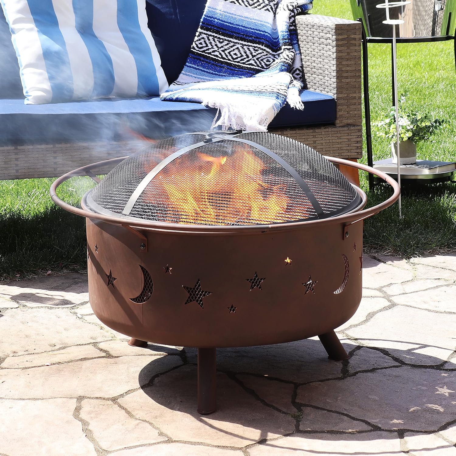 Sunnydaze Cosmic Outdoor Fire Pit - 30 Inch Round Bonfire Wood Burning Patio & Backyard Firepit for Outside with Cooking BBQ Grill Grate, Spark Screen, and Fireplace Poker, Celestial Design