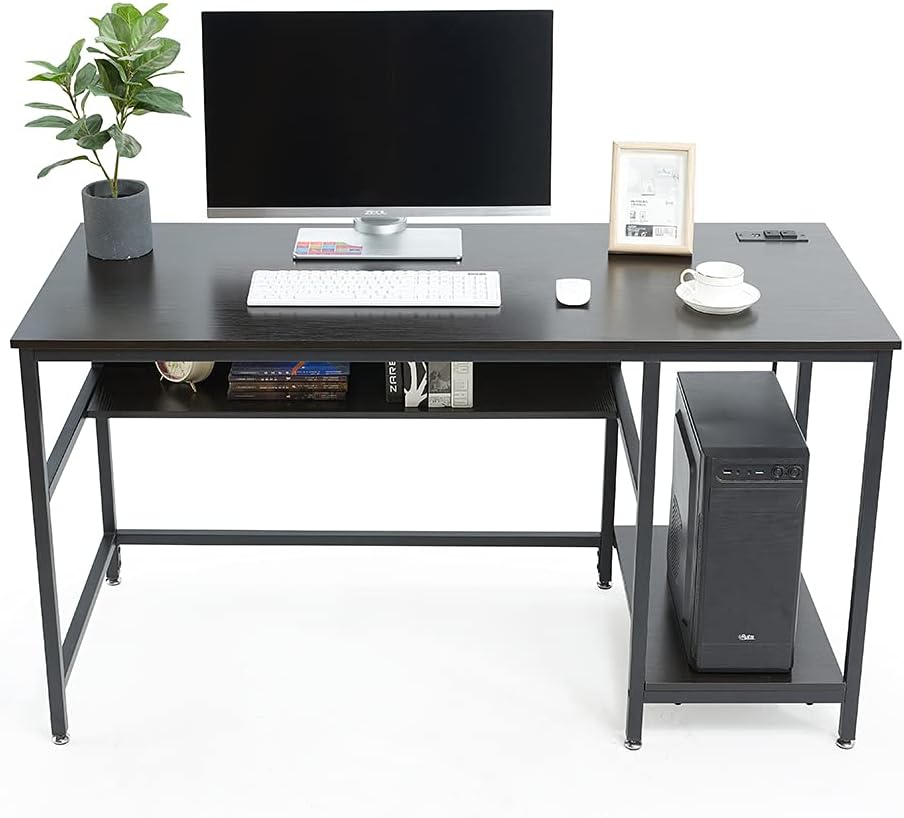 CARRVAS Computer Desk, 47 Inch Rustic Industrial Desk with Storage Shelves, Study Table with Power Outlets, Sturdy Wooden Metal Frame Study Writing Desk for Home Office, Black
