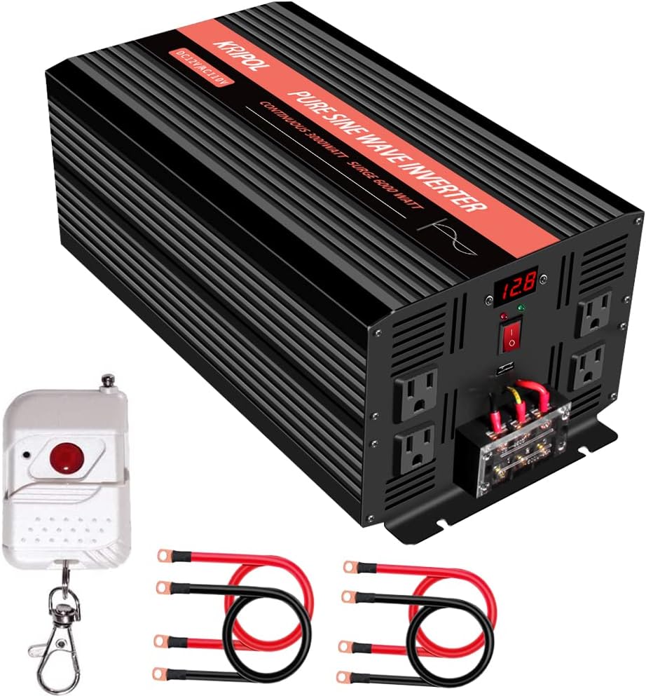 3000 Watt Pure sine Wave Inverter 12v DC to 110v/120v AC Car Power Inverter with 4 AC Outlets&USB Output, LED Display Power Converter for RV/Camping/RV/CPAP-Peak Power 6000W(3000W-12V)