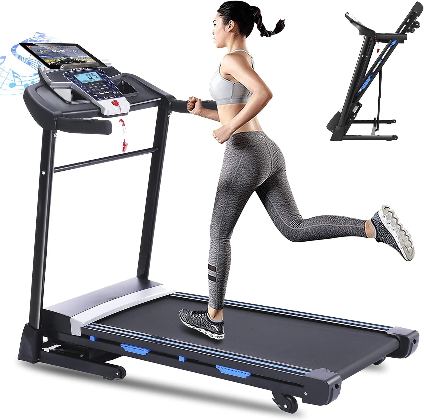 ANCHEER Folding Treadmill, 3.25HP Electric Motorized Automatic Incline Running Machine for Home Gym, 17'' Wide Tread Belt, App Function