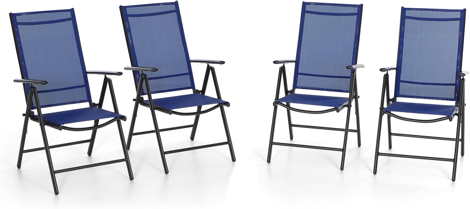 MFSTUDIO Patio Set of 4 Folding Chairs with Arms,Portable Dining Chairs with 7 Levels Adjustable for Outdoor & Indoor, Sling Back Chairs (Grey)