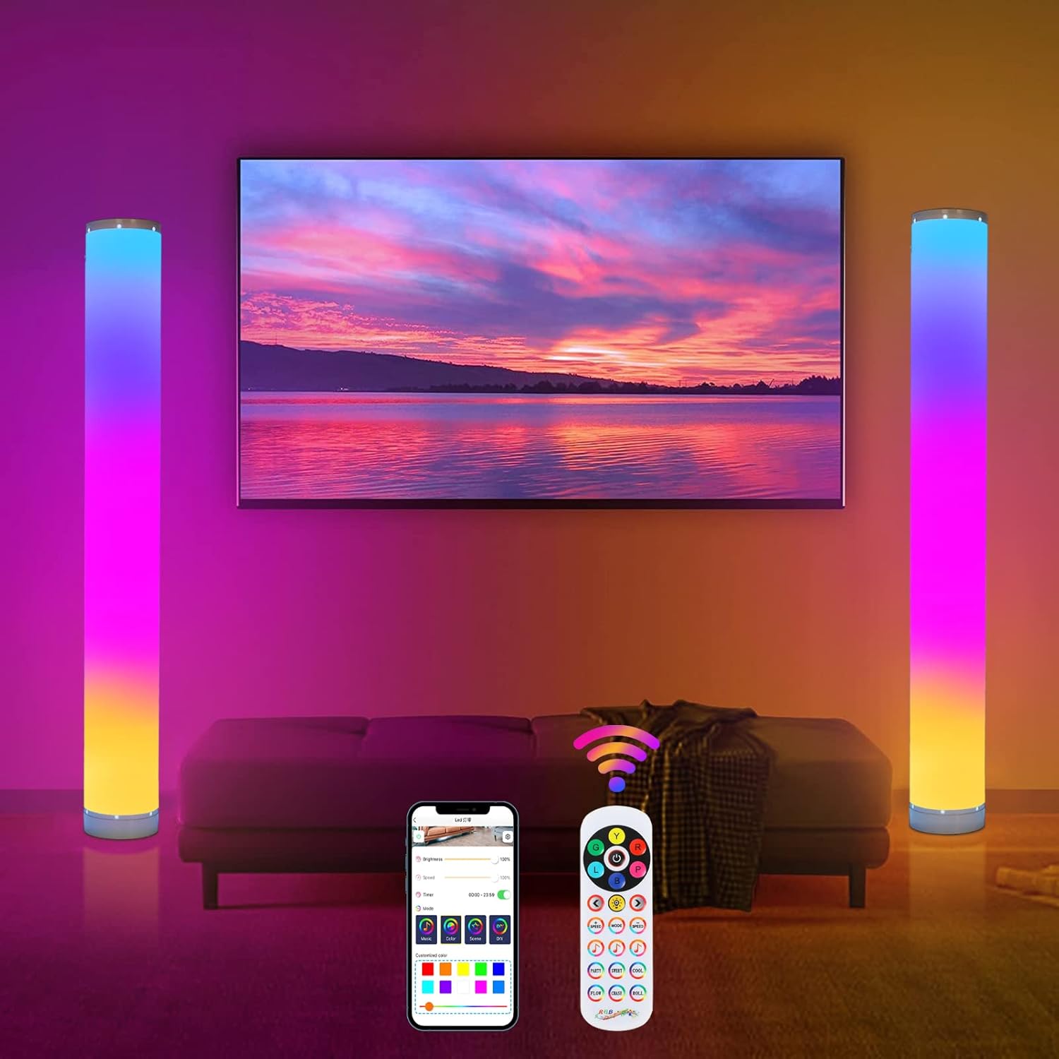 2-Pack RGB Corner Floor Lamp with Remote and Bluetooth APP Control,Music Sync Dimmable LED Modern Corner Lamps with Power Adapter for Living Room, Bedroom, Gaming Room.