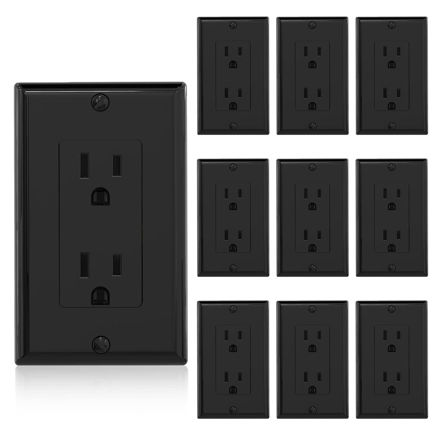 ELEGRP Black Outlets Receptacles Electrical Tamper Resistant Outlet Decora Duplex Wall Outlet 15 Amp, Self-grounding Outlet with Wallplate, 125V, 5-15R, UL Listed, 10 Pack