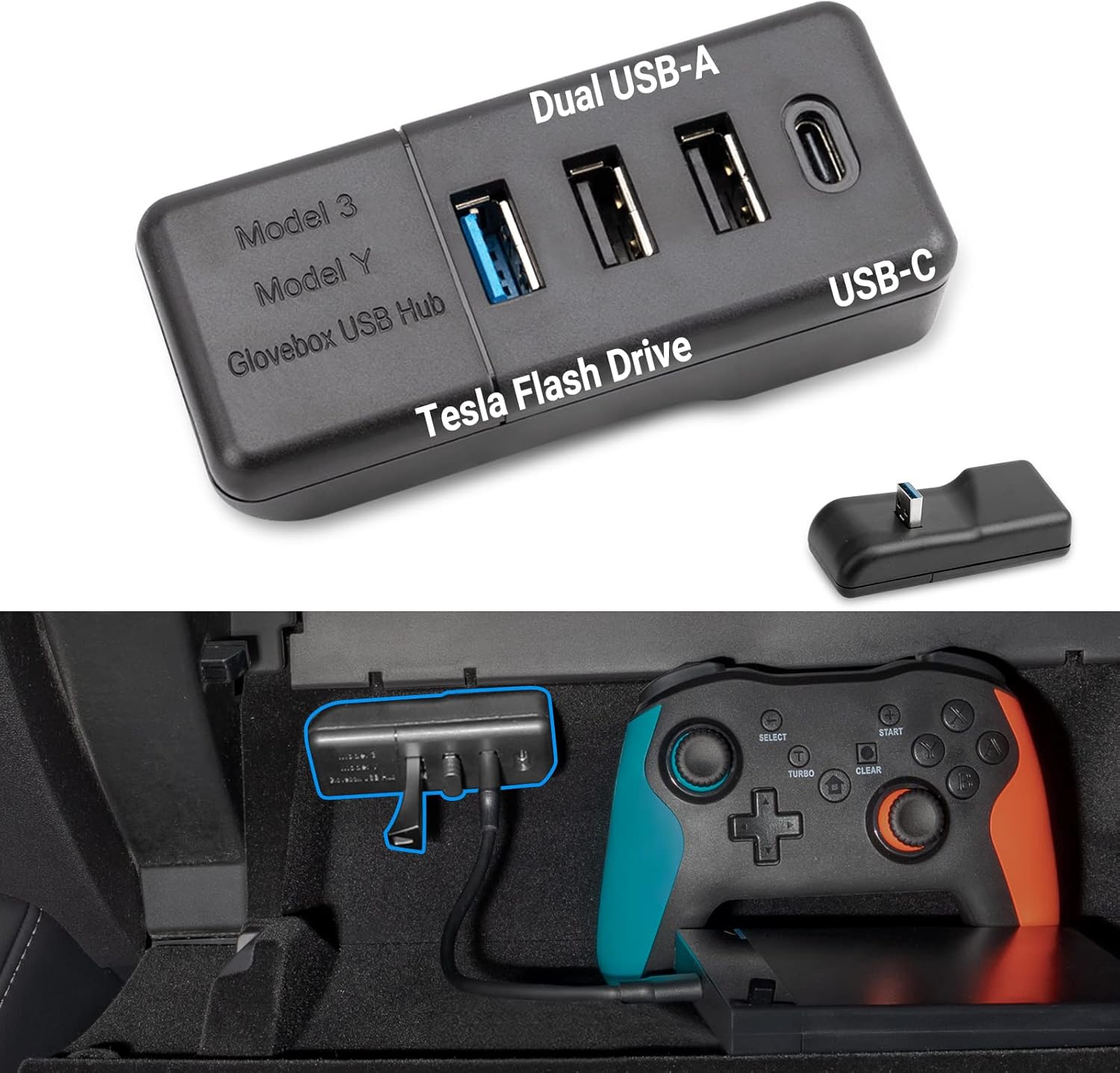 Klutchtech Tesla 2021 2022 Model 3/Y Glove Box USB Hub, 4-in-1 USB Hub Glove Box Dash Cam Flash Drive Docking Station Compatible with Tesla Model Y Model 3 Accessories -Convex