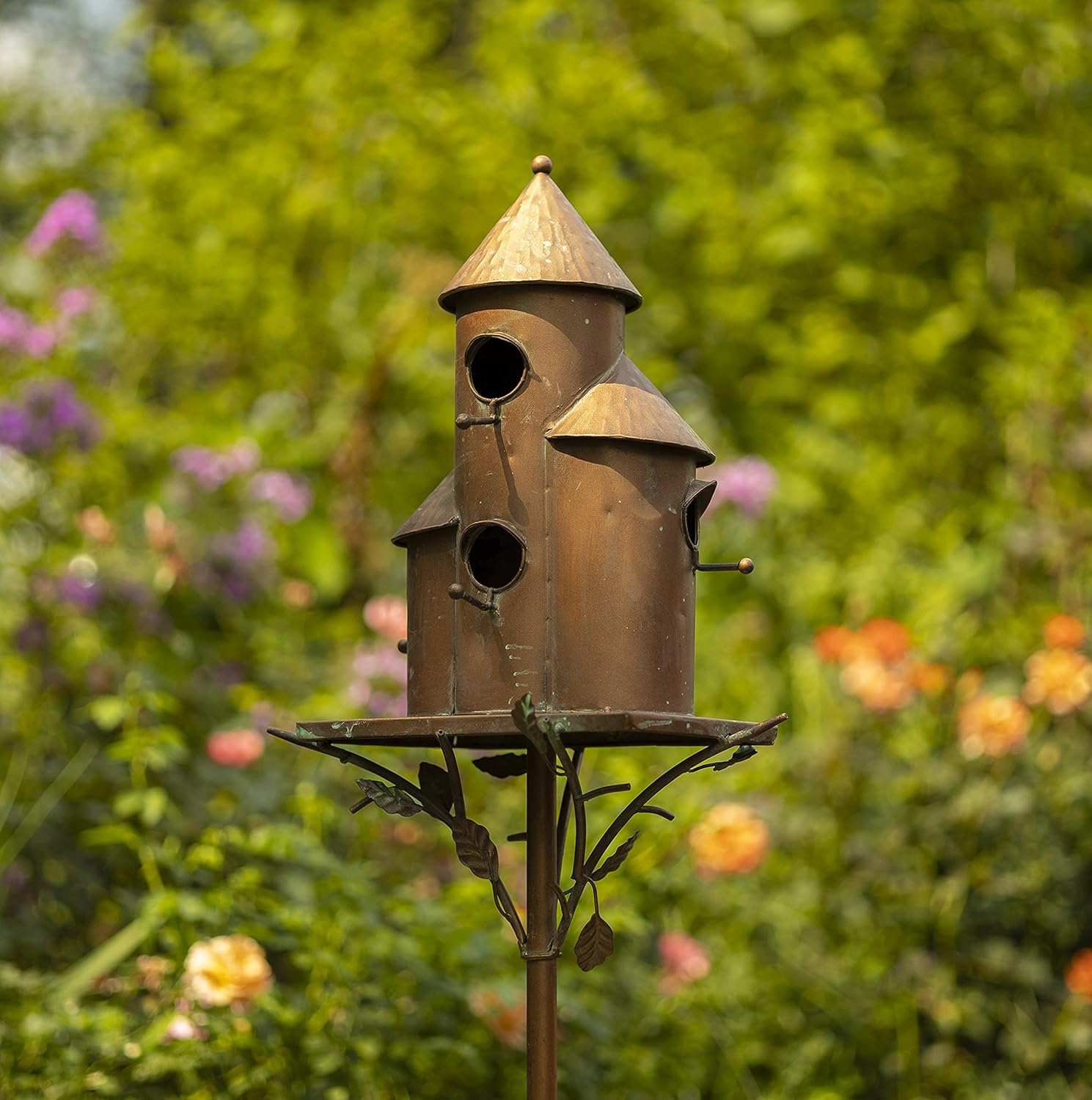Zaer Ltd. Large Copper Colored Multi-Birdhouse Stakes, Room for 4 Bird Families in Each (Tall Triple Cylinder Homes (Copper Color))