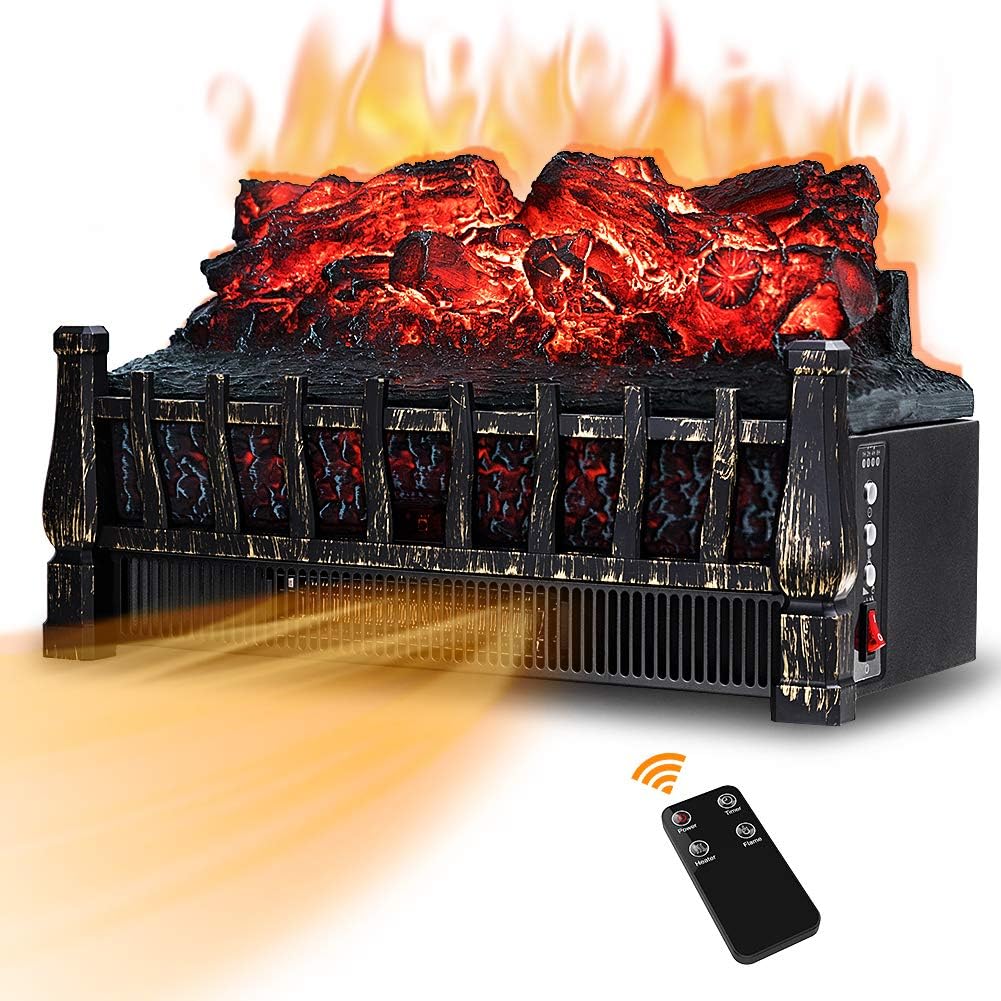 LIFEPLUS Electric Fireplace Log Set Heater 21 Inch with Remote Control 8H Timer Realistic Flame Ember Bed Adjustable Brightness Antique Bronze, Overheat Protection, Fake fire for Christmas Home Decor