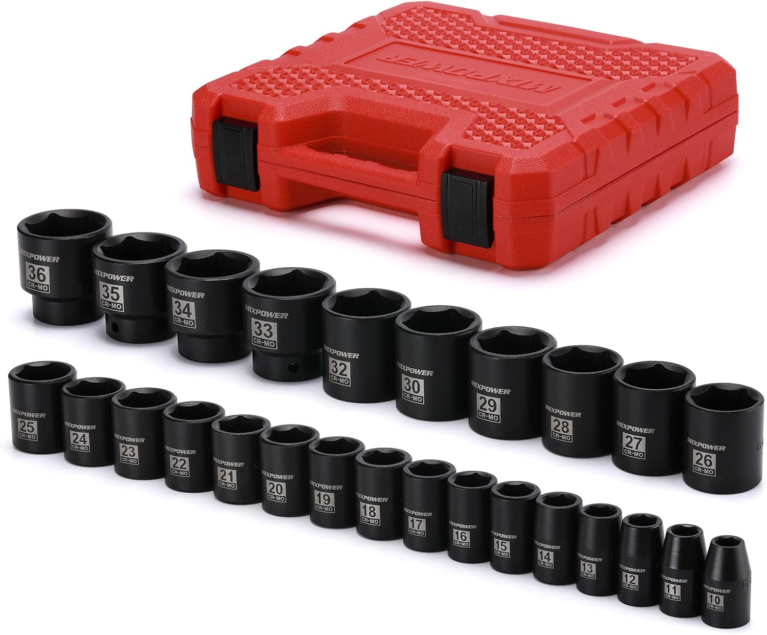 MIXPOWER 26 Piece 1/2 Inch Drive Impact Socket Set,Metric,Shallow,10mm to 36mm, Cr-Mo Alloy Steel, Radius Corner Design, Impact Grade