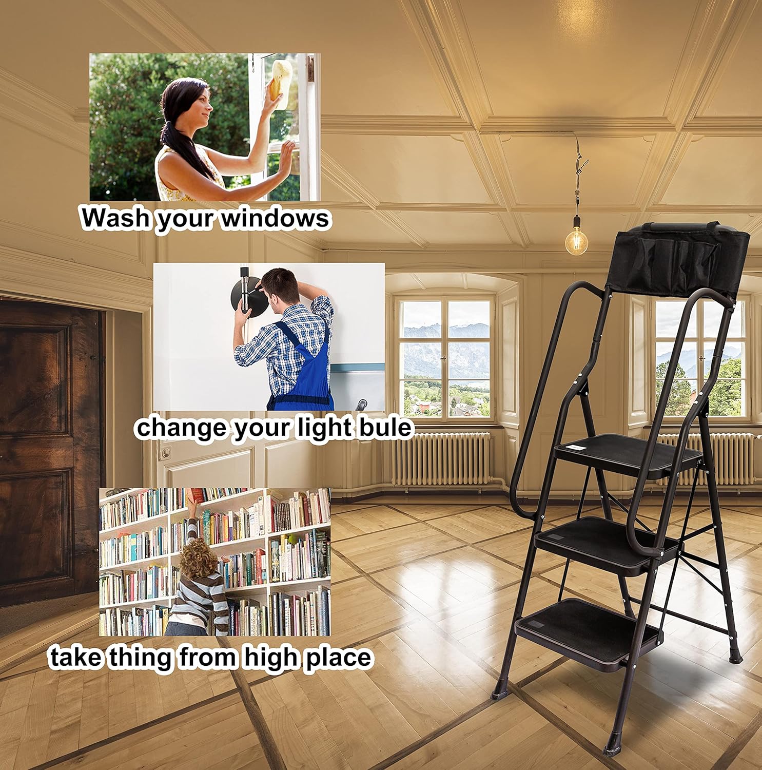 FOOWIN Folding 3-Step Ladder Stool,Step Stools for Adults Portable Step Ladder with Steel Wide Anti-Slip Pedal &Convenient Handgrip &Attachable Tool Bag for Kitchen,Office,Household (3-Step)