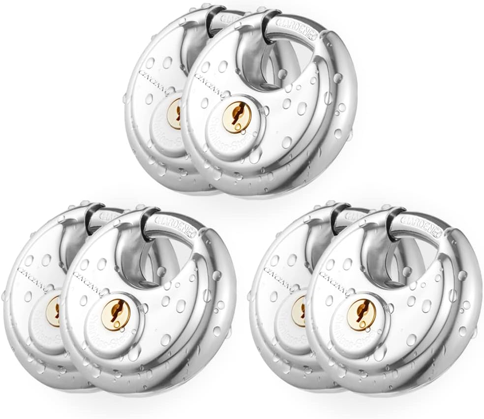 CINCINNO Keyed Alike Disc Padlock, 6 Pack Stainless Steel Discus Lock with 2-3/4 in. Wide, 3/8 in. Diameter Shackle, Waterproof Discus Lock for Storage Unit, Sheds, Garages and Fence