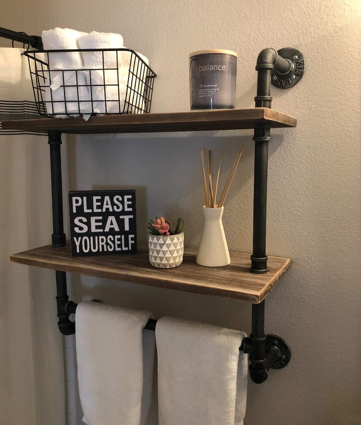 Industrial Pipe Shelf,Rustic Wall Shelf with Towel Bar,20