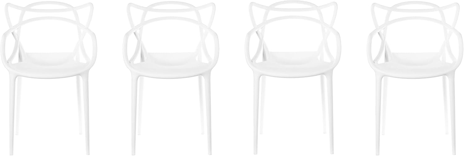 Bold Tones Mid-Century Modern Style Stackable Plastic Molded Arm Chair with Entangled Open Back, Set of 4 White