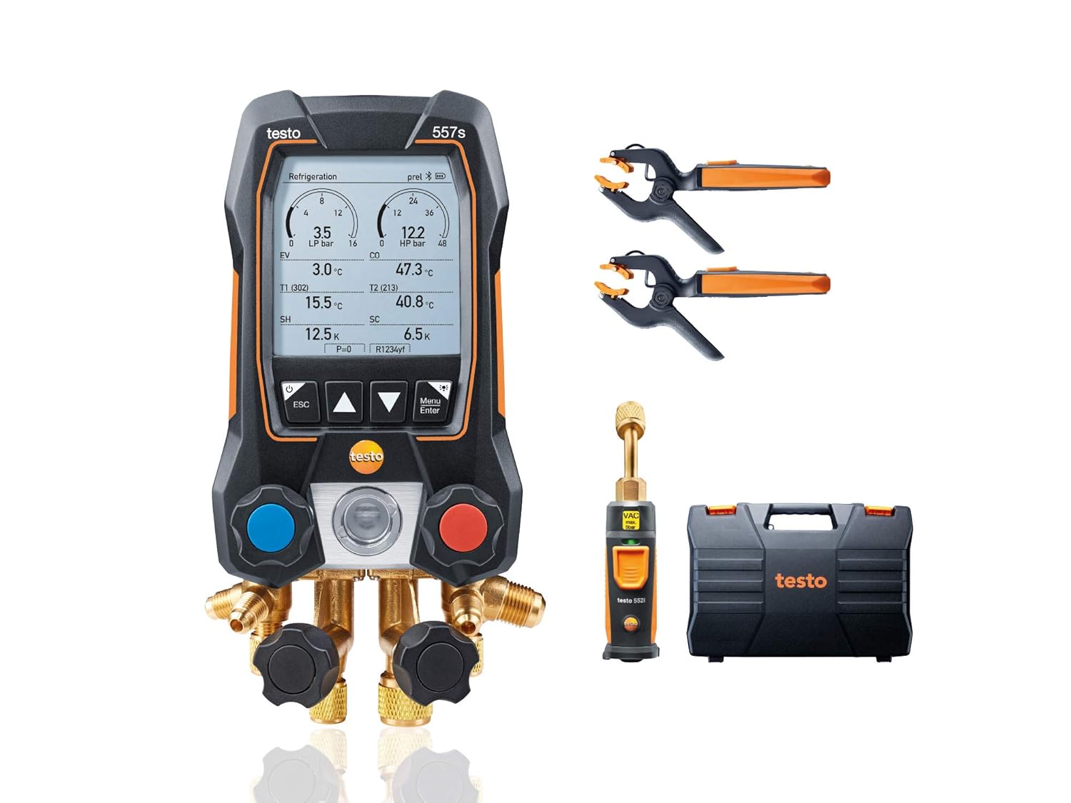 Testo 557s Kit I App Operated Digital Manifold, 2 x testo 115i Pipe Clamp Thermometer, 1 x testo 552i Micron Gauge, 4 x Hoses I for HVAC Systems &ndash; with Bluetooth