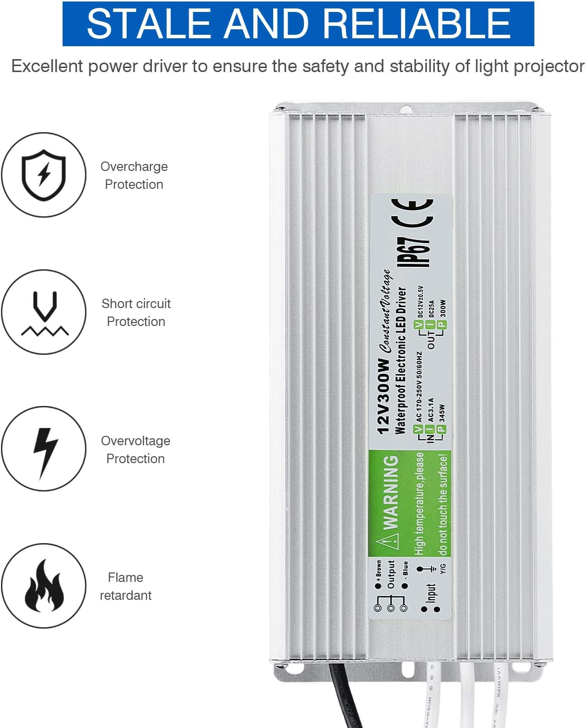 LEDMO 5 Pack Waterproof IP67 LED Power Supply Driver Transformer 300W 110V AC to 12V DC Low Voltage Output with 3-Prong Plug 3.3 Feet Cable