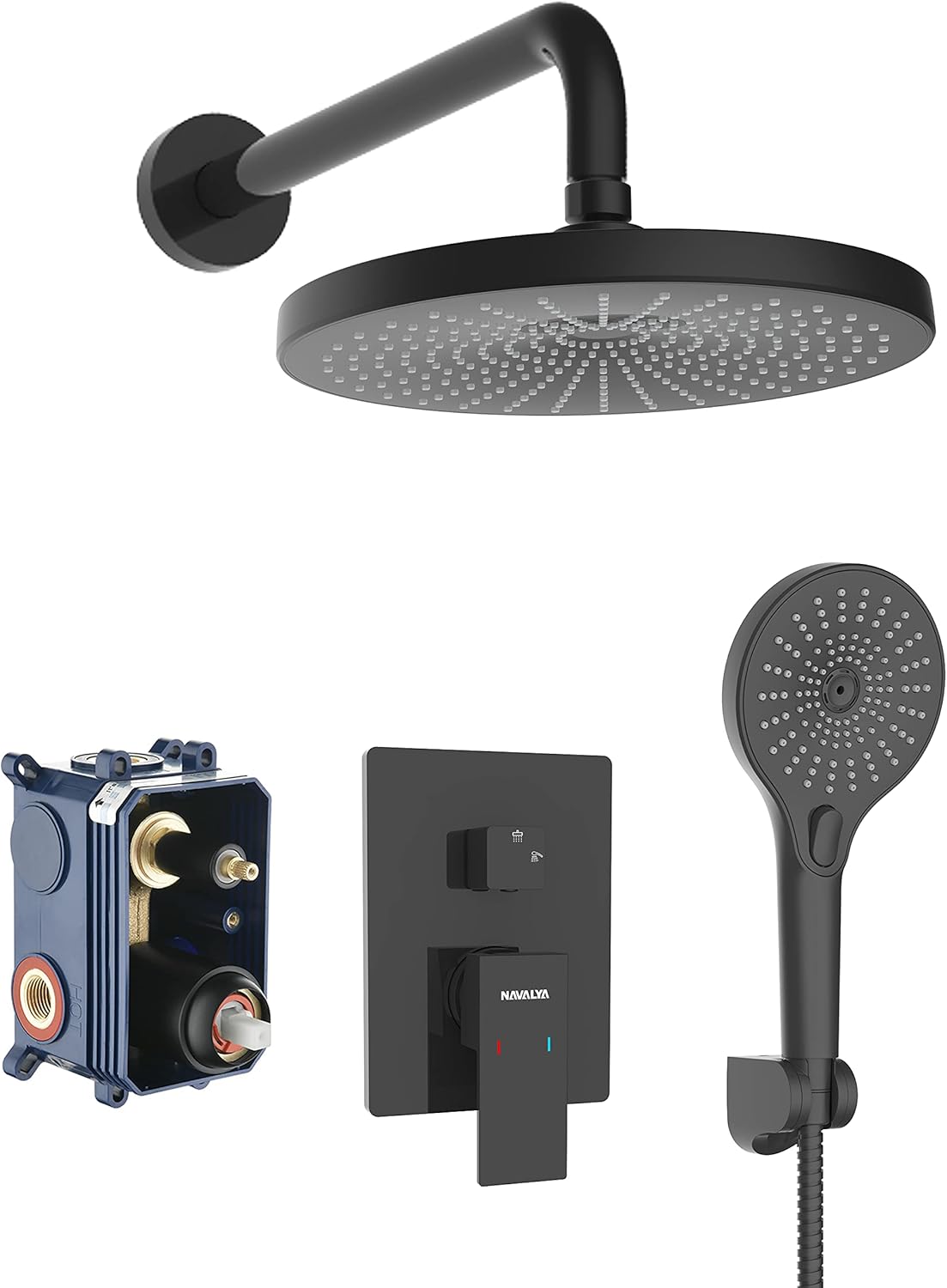 NAVALYA Shower System, 10'' Bathroom Shower Set with Liquid Silicone Rainfall Showerhead & Handheld Shower Head, High-Pressure Wall Mounted Shower System Included Rough-in Valve &Trim Kit, Matte Black