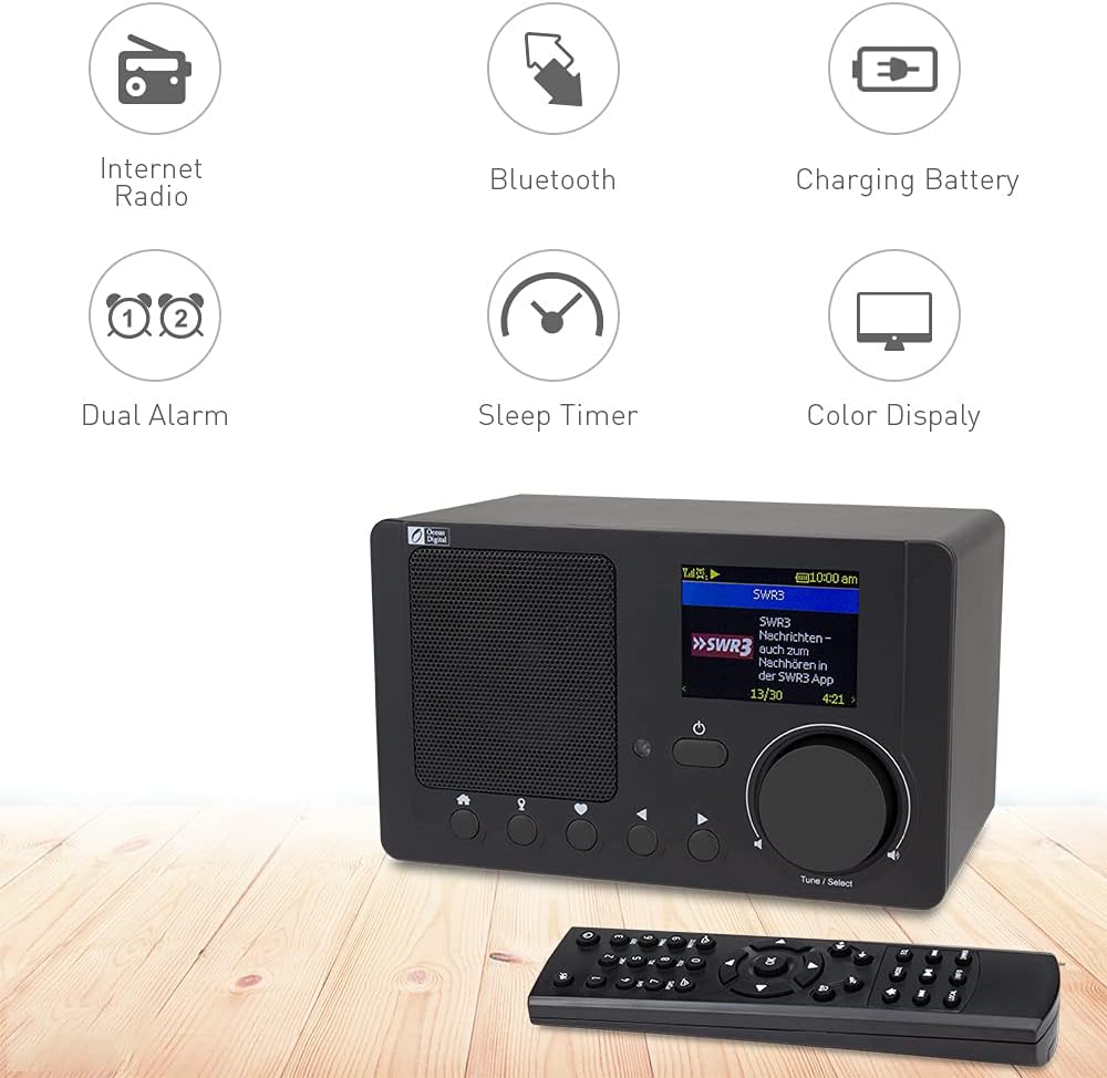 Ocean Digital WR-210N Portable Internet Radio 2.4&rdquo; Color LCD Built-in Battery Wi-Fi Bluetooth UPnP & DLNA Player Sleep Timer Dual Alarm Clock (Black)