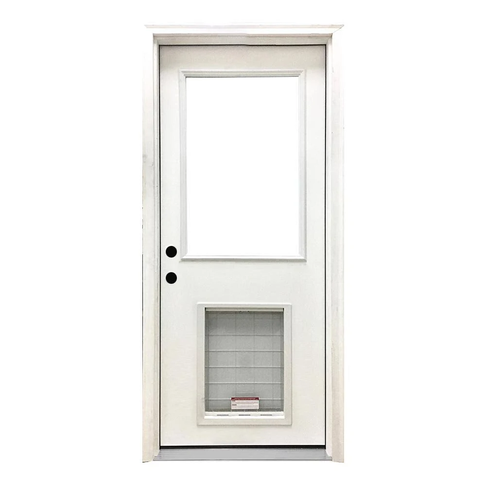 Steves u0026 Sons 32 in. x 80 in. Classic Clear Half Lite RHIS White Primed Fiberglass Prehung Back Door with SL Pet Door