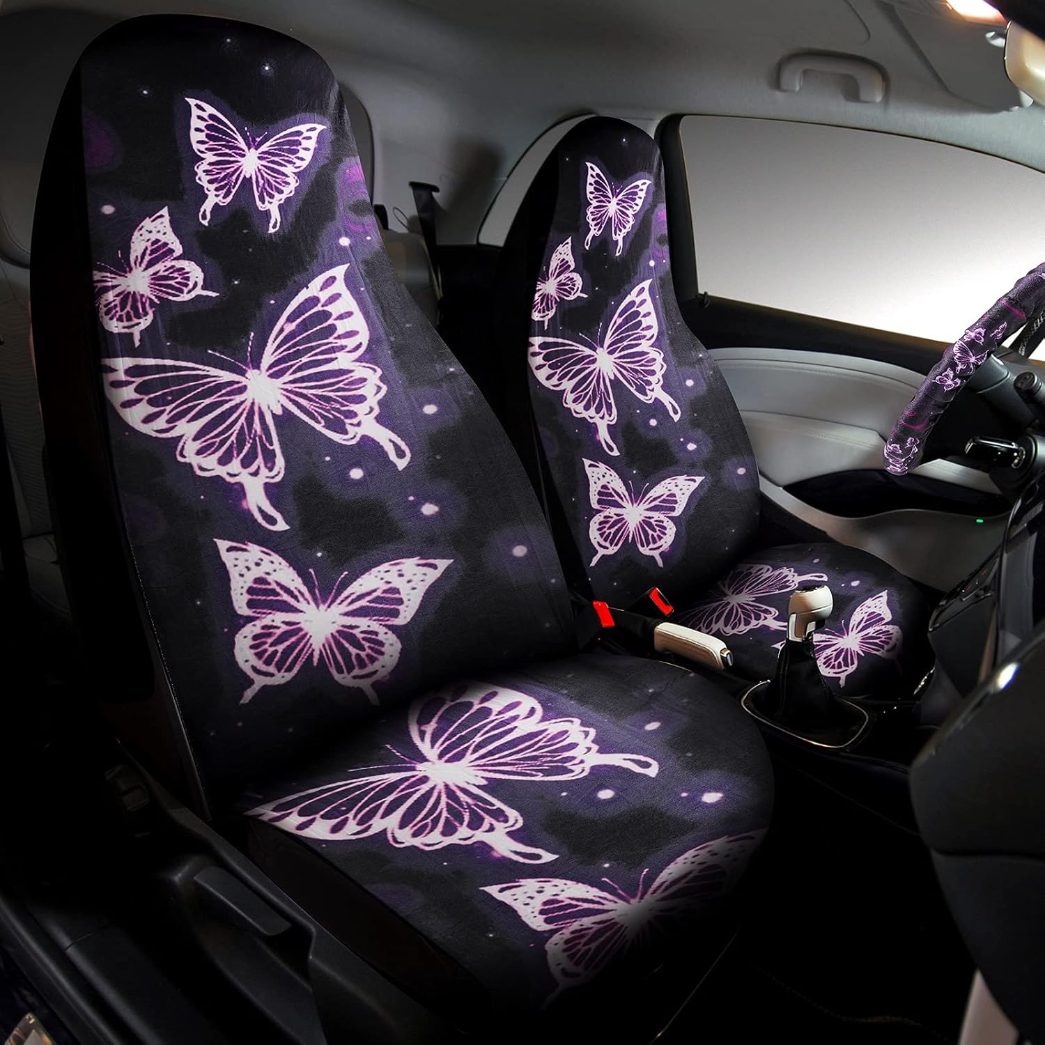 15 Pieces Purple Butterfly Car Seat Covers Full Set, Butterfly Car Accessories Set Steering Wheel Cover Center Console Armrest Pad Headrest Seat Belt Cover Keyring Coaster for Cars SUV Interior Decor
