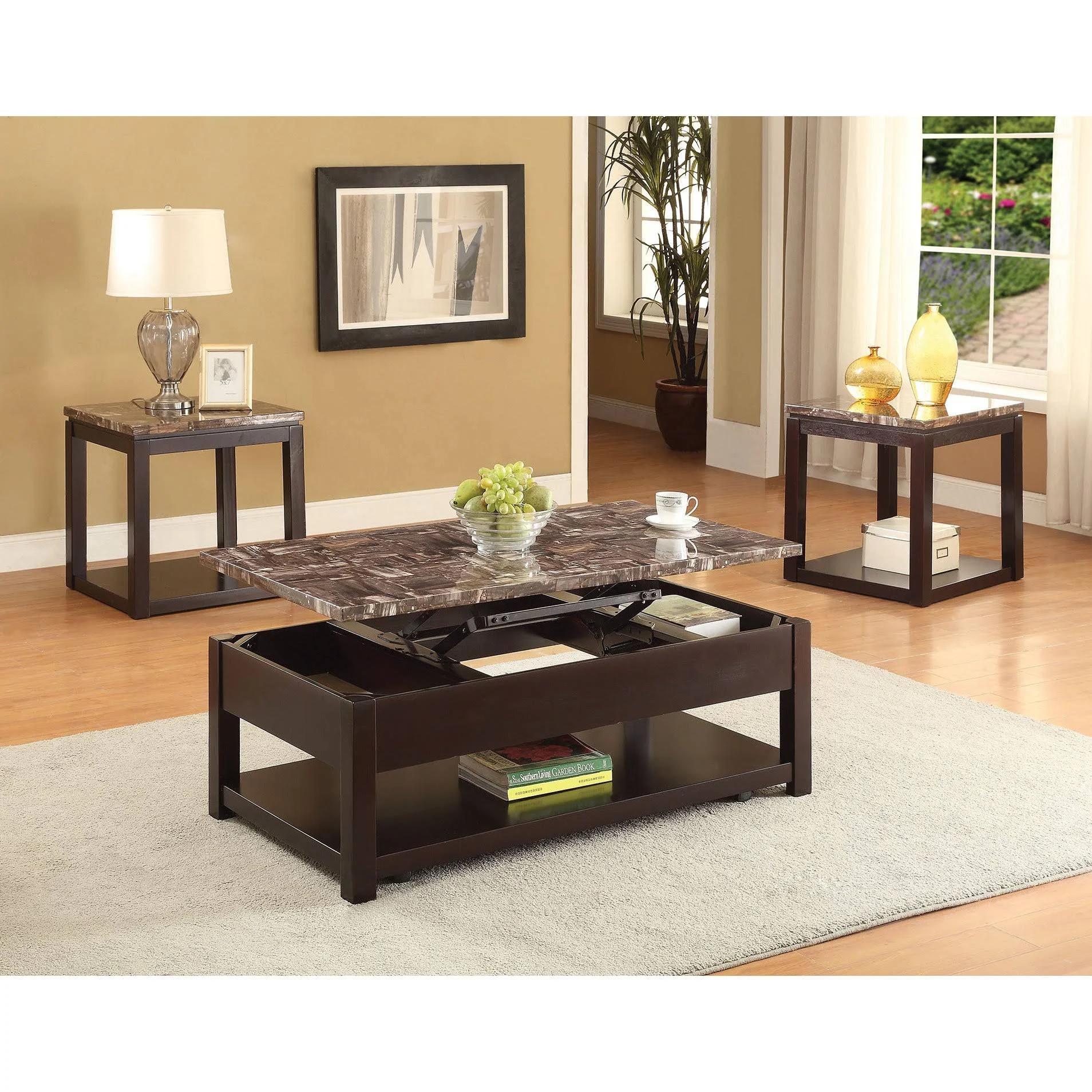 Acme Dusty Coffee Table with Lift Top, Faux Marble u0026 Espresso