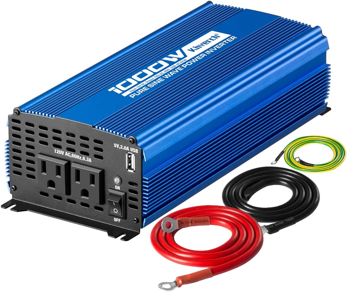 kinverch 1000W Pure Sine Wave Inverter DC 12V to AC 110V Car Power Inverter with Dual AC Outlets & 2A USB Ports Solar Inverter