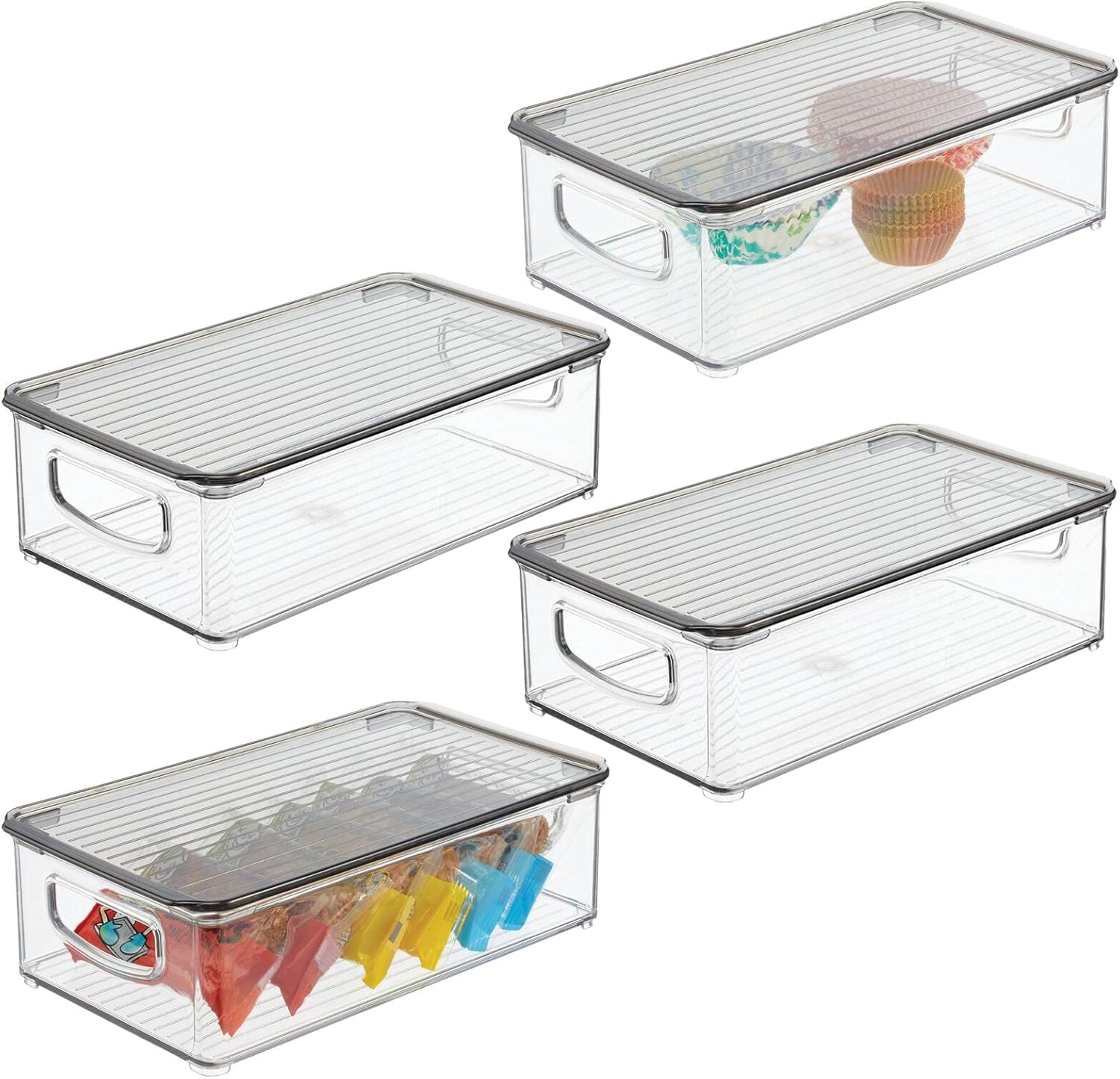 mDesign Plastic Stackable Storage Bin Organizer w/Handles for Kitchen, Bathroom, Pantry, Refrigerator, Freezer Organization, Holds Food, Fruit, Jars, Packets, Snacks, Pasta, 4 Pack - Clear/White Pack of 2