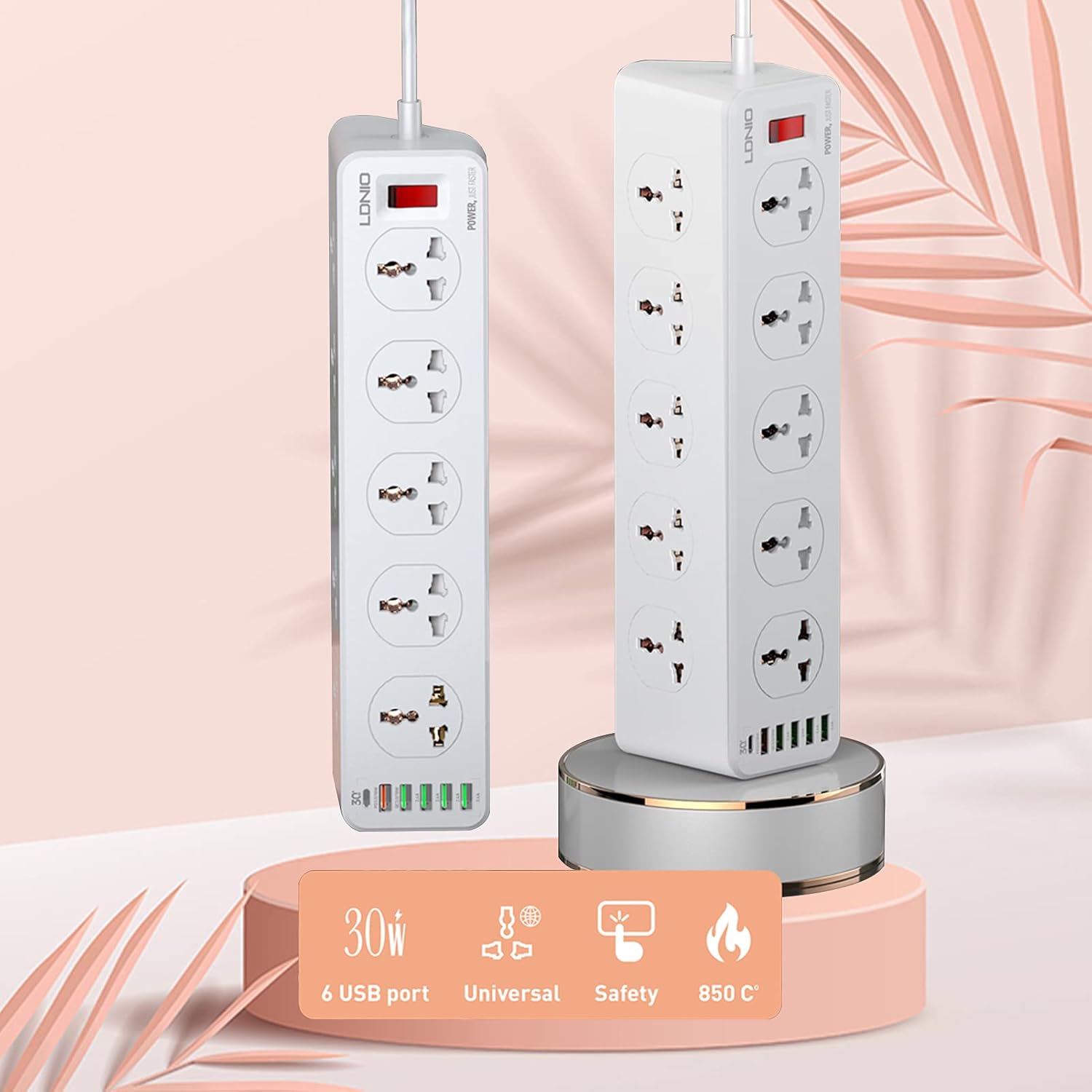 USB Power Strip Surge Protector 10 Outlets and 6 PD QC 3.0 USB Ports Long Extension Cord Desktop Charging Station for Smartphone Tablets Home,Office, Hotel- White Pack of 2