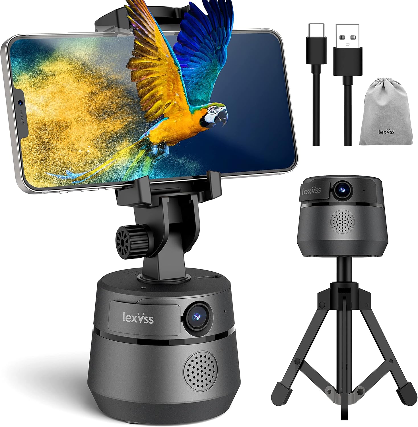 Auto Face Tracking 1080P Webcam with Microphone Tripod and Privacy Cover, 360° Rotation Shooting Mount Phone Holder for Vlog, Live Streaming, Video Conference, No App Required (Grey) Pack of 2