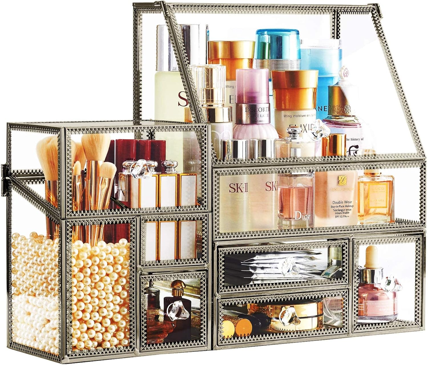 Stackable 3Pieces Drawer Set Organizer/Glass Bathroom Organizer/Antique Countertop Vanity Cosmetic Storage Box/MirrorBeauty Display, Holder for Brushes Lipsticks Skincare Toner (Gold)