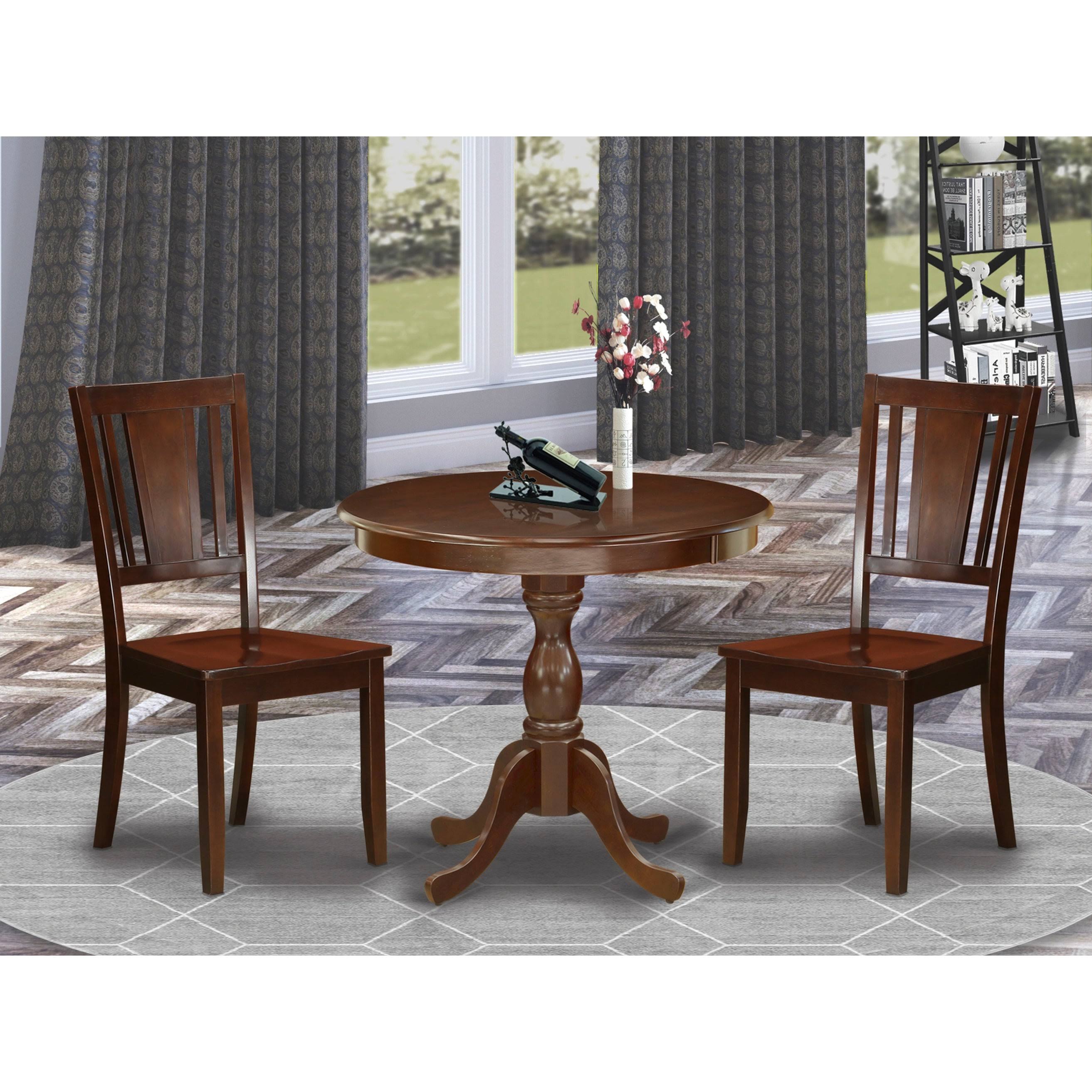 East West Furniture Antique 3-Piece Dining Set with Panel Back in Mahogany - AMDU3-MAH-W