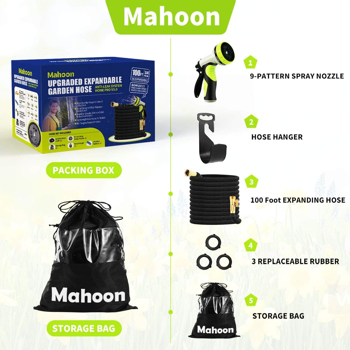 Mahoon Expandable Garden Hose 100ft - Water hose with 9 Function Spray Nozzle - 3/4'' Solid Brass Fittings and 4-Layers Latex - Superior Strength 3750D No-Kink Flexible Lightweight Expanding Hose Pipe Pack of 2