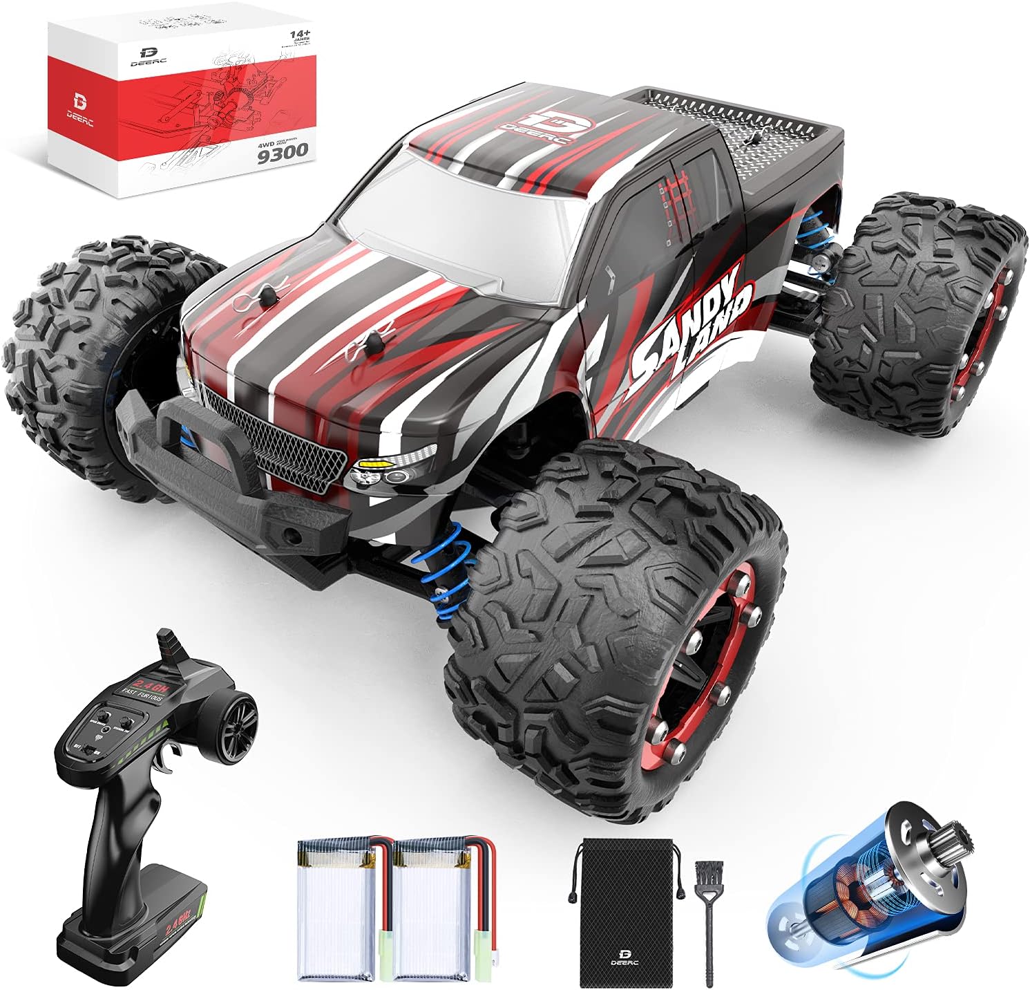 DEERC 9300 Remote Control Car High Speed RC Cars for Kids Adults 1:18 Scale 40 KM/H 4WD Off Road Monster Trucks,2.4GHz All Terrain Toy Trucks with 2 Rechargeable Battery,40+ Min Play Gift for Boy Girl Pack of 2