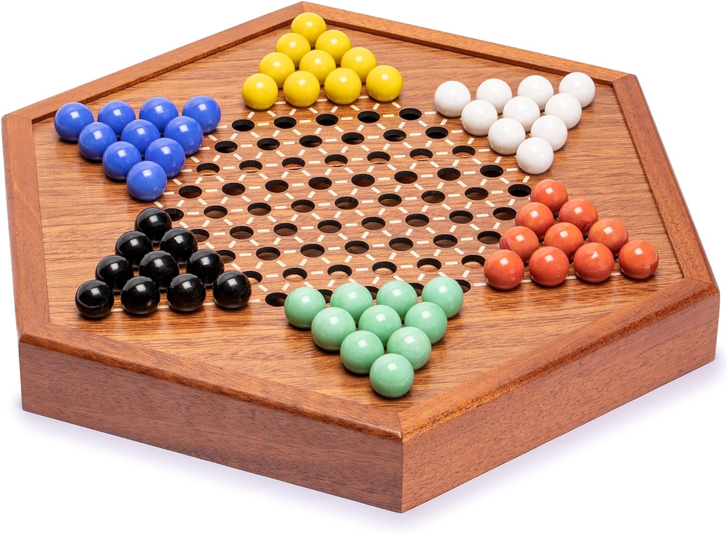 Yellow Mountain Imports Wooden Chinese Checkers Halma Board Game Set (12.6 Inches) with Storage Drawer and Solid Color Glass Marbles (16mm) - Classic Strategy Game Pack of 2