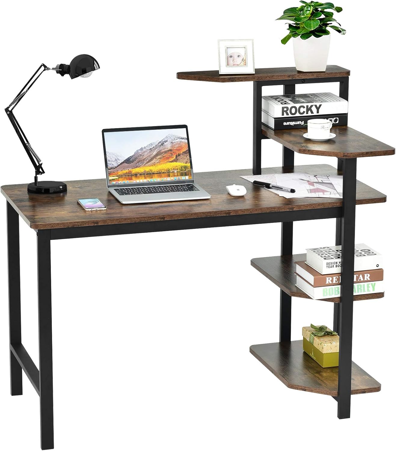 Tangkula Industrial Computer Desk with 4-Tier Storage Shelves, 48 Inches Wooden Writing Study Table with Bookshelf, Spacious Work Surface, Unique Metal Structure Laptop Desk for Home Office