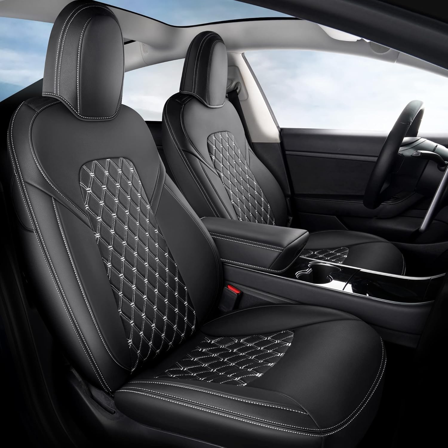 GIANT PANDA Pu Leather Car Seat Covers Full Set Custom Fit for Tesla Model Y 2020 2021 2022, 5 Seatings - (Black)