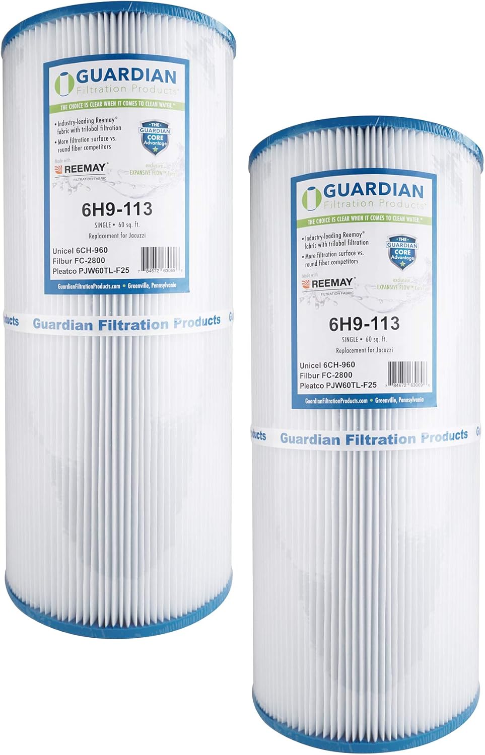Guardian Filtration Products 2-Pack Pool Spa Filter Replaces Unicel 6CH-960, Pleatco Pjw60TL-F2S, Filbur FC-2800