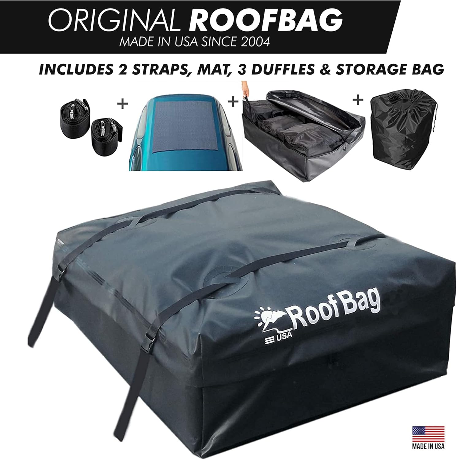 RoofBag Rooftop Cargo Carrier Made in USA is a Waterproof Car Roof Bag or Car Roof Cargo Carrier for Rack or No-Rack. Roof Bag Car Top Carrier 15 cu. ft. with Straps, Mat, Storage Bag, 3 Liner Bags