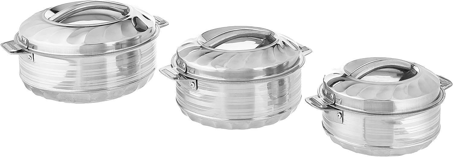 Vinod 3-Piece Insulated Casserole Food Warmer/Cooler Hot Pot Gift Set, 1000mL+1500mL+2500mL, Stainless Steel Pack of 2