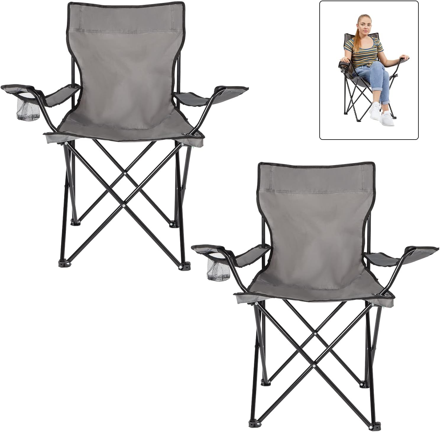 Homewell Outdoor Folding Chair for Camping, Beach, Concerts, Sports Games, Pools, Road Trips with Easy Carry Storage Bag (Grey, 2 Pack)