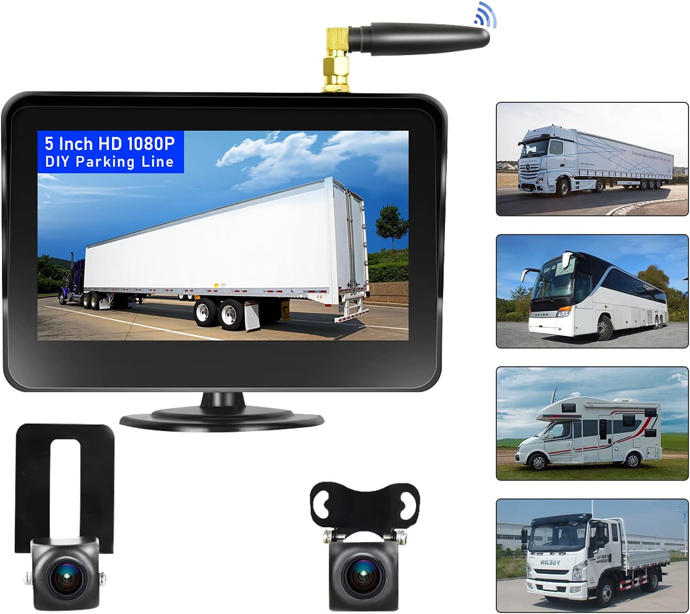 Camecho Vehicle Wireless Backup Camera 5 Inch 2 Split Monitor, Hitch Front Rear View Camera Adjustable Guide Line IP 68 Waterproof Camera for RVs, Bus, Trailer,Truck,Vans, Campers, Support 164FT