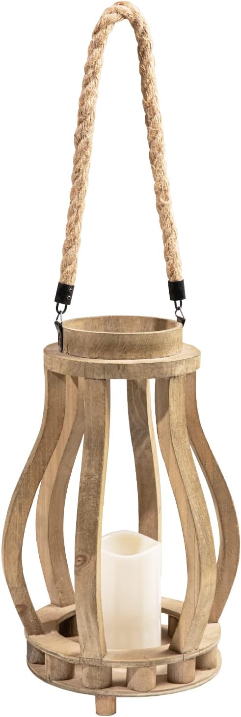 COSIEST Rustic Decorative Wooden Decorative Lantern,14.6-Inch Flameless Candle Holder Battery Powered, Hanging Lanterns with Hemp Rope Handle,Festive Country Decor Pack of 2