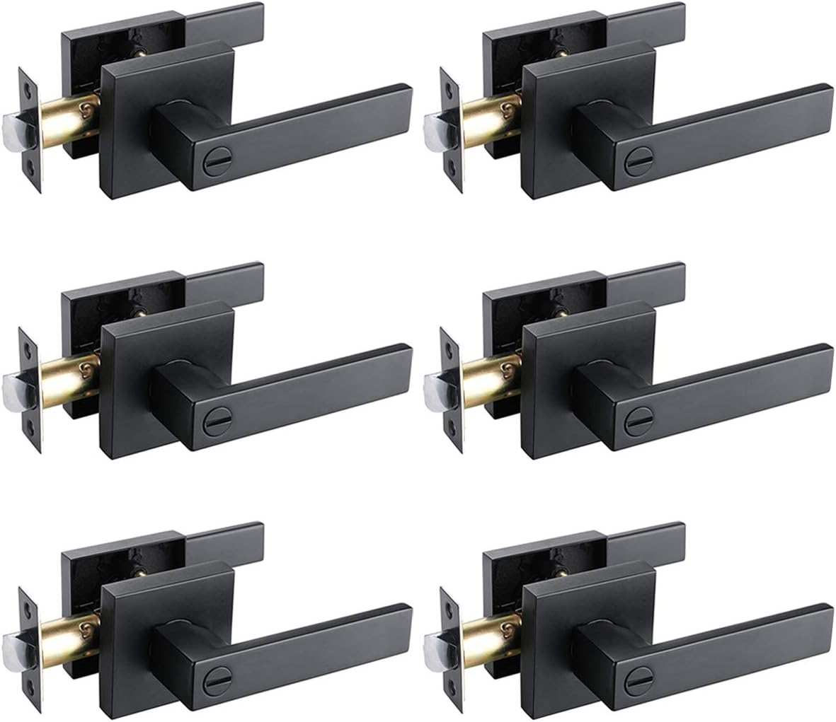 6 Pack Heavy Duty Privacy Door Levers for Bedroom Bathroom Door, Square Modern Door Handle Lever with Lock in Matte Black